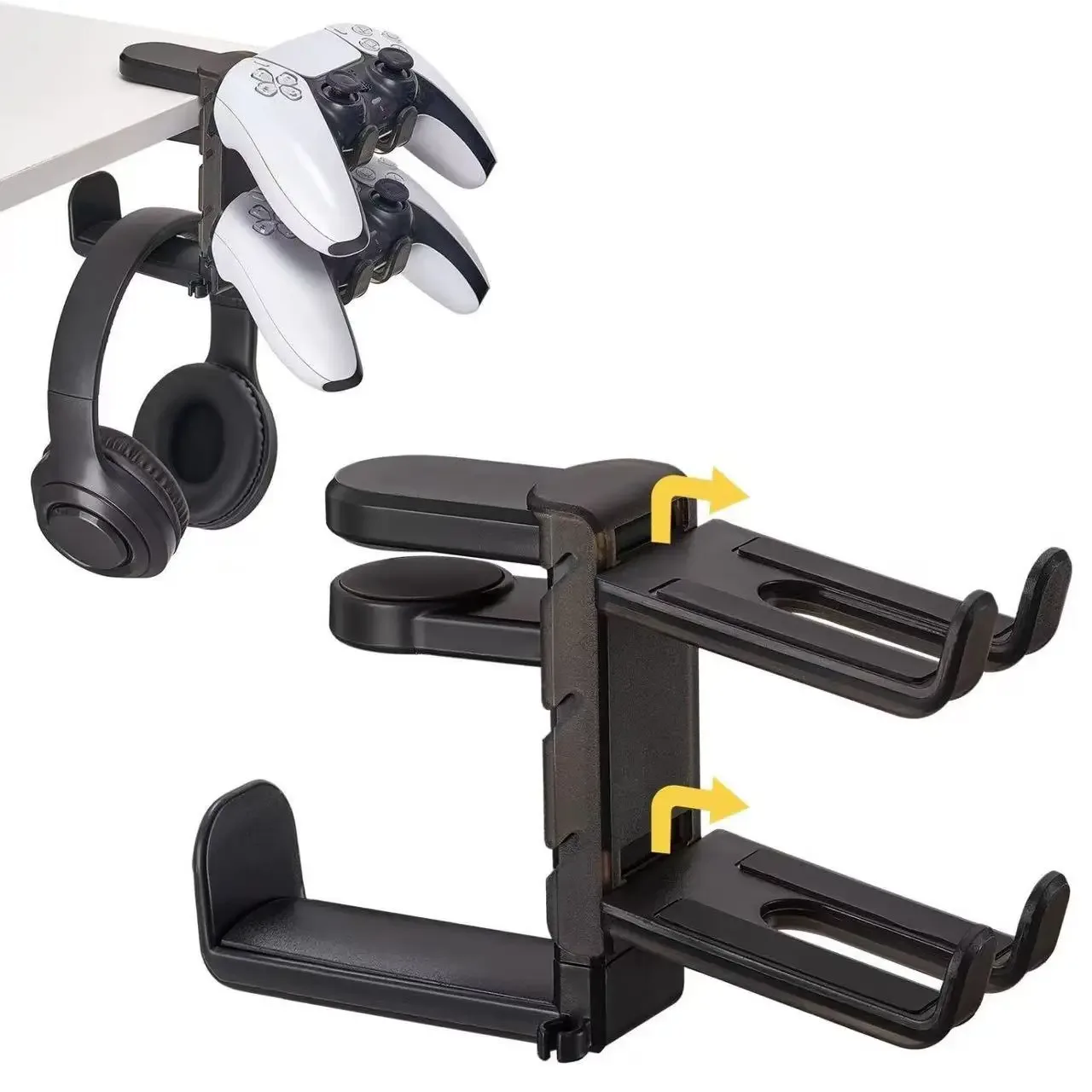 Support de casque 3-en-1 sous le bureau avec porte-manette, pince réglable et crochet rotatif - Image 1