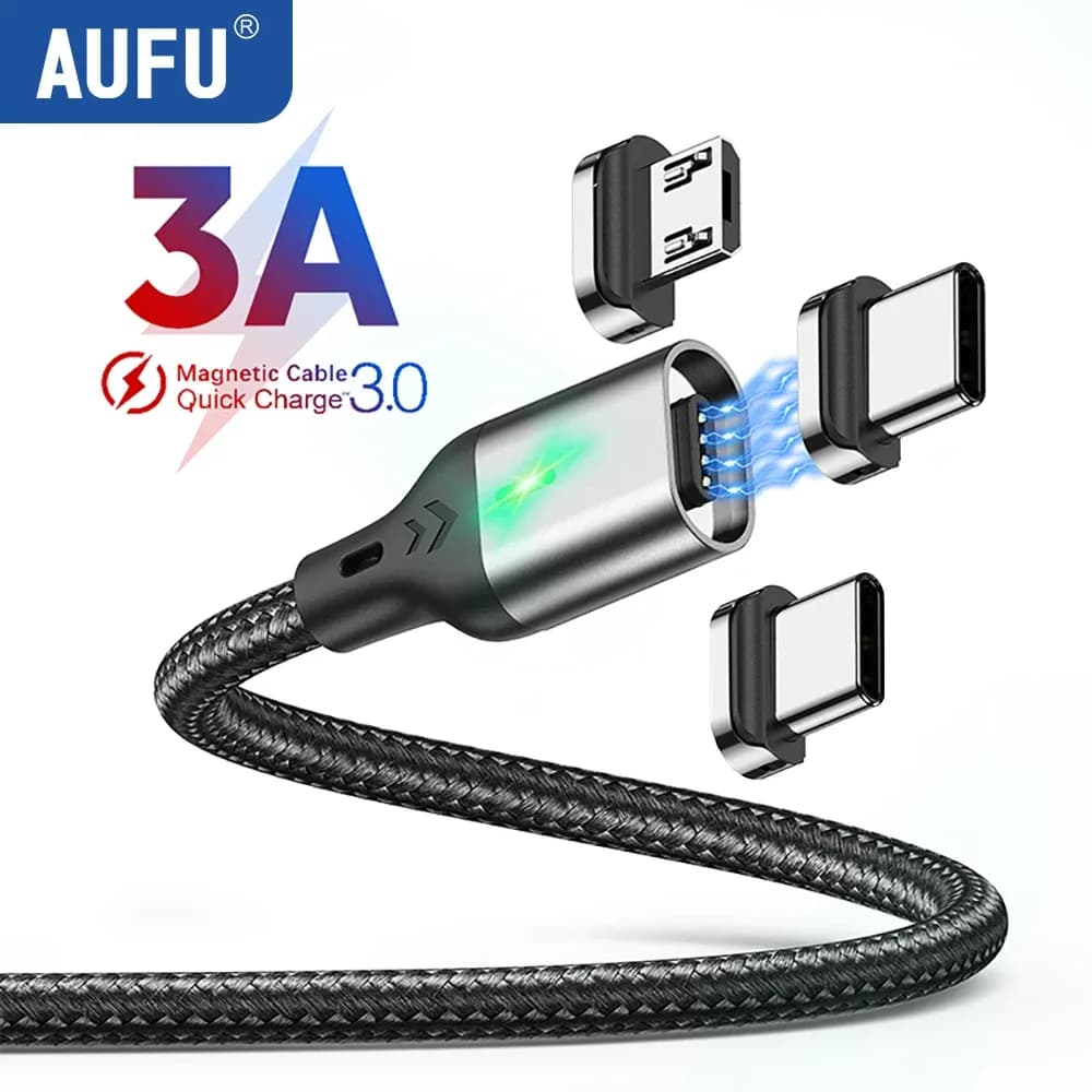 AUFU Câble de Charge Magnétique 3A - Type-C, Micro-USB et Lightning