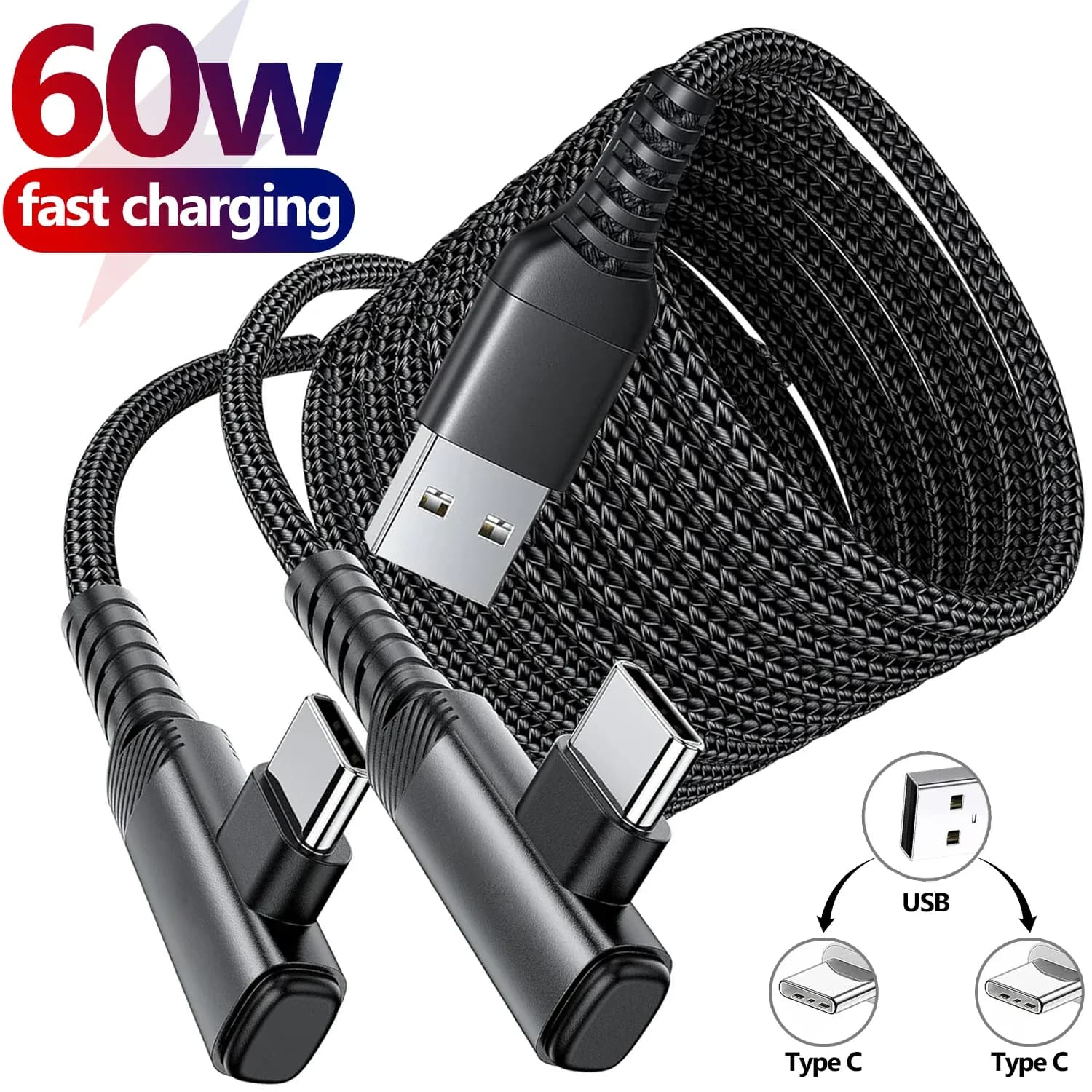 Câble de charge rapide 3-en-1 USB vers double USB-C, 60W, connecteur coudé à 90° - Image 1