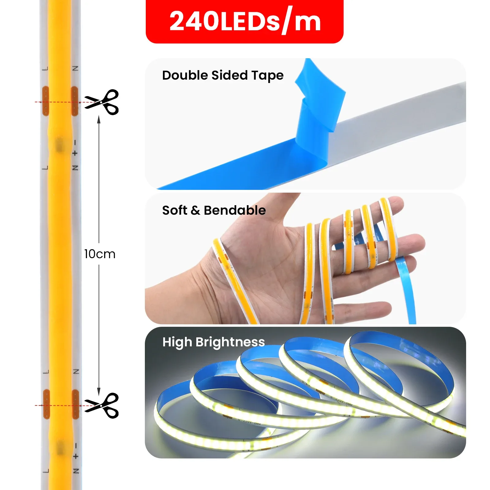 Ruban LED COB Flexible 110V-220V - 240 LED/m - Éclairage Linéaire - Image 6