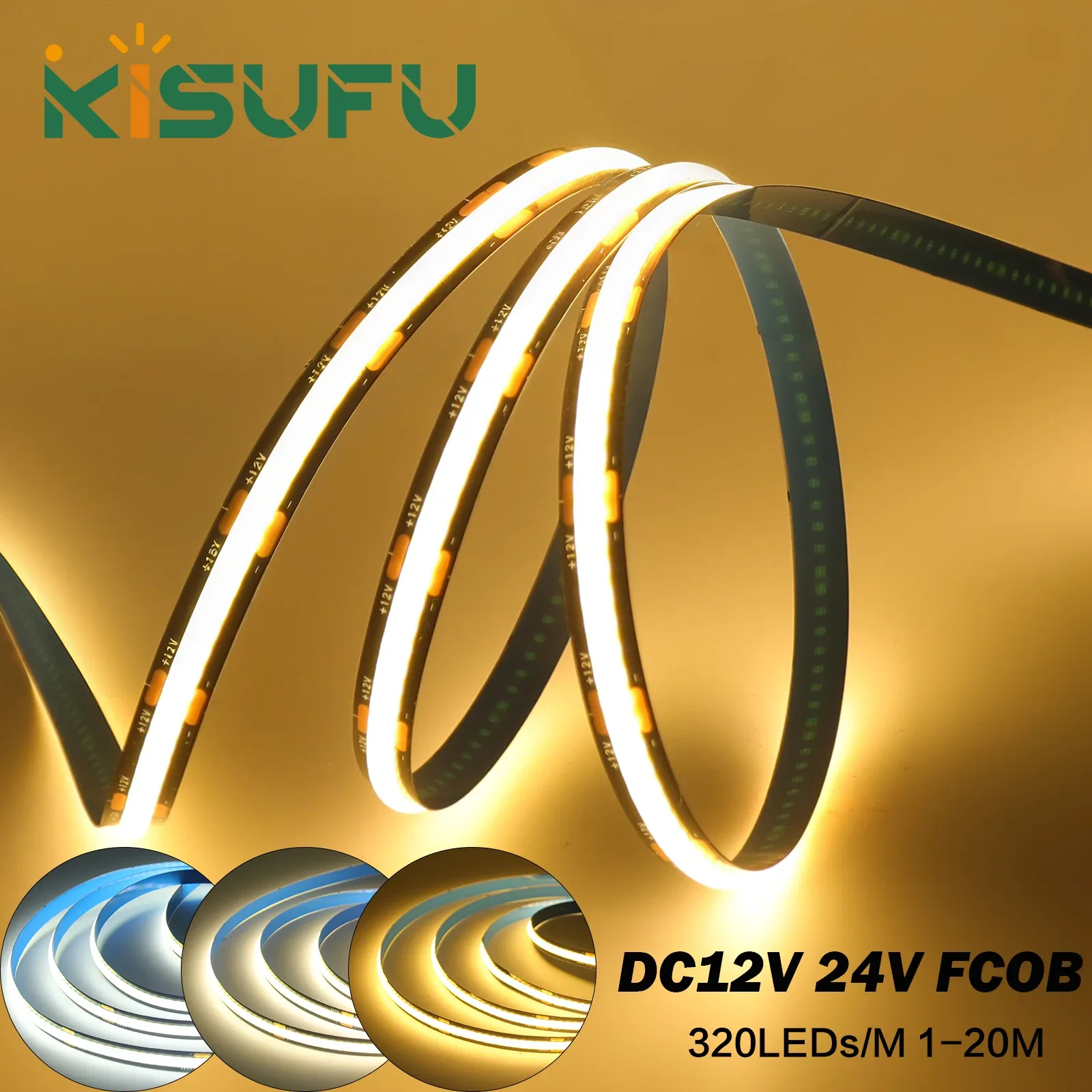 Ruban LED COB Noir 8mm, 12V/24V, 320 LED/m, IRC 90+, Éclairage Uniforme, 1m à 20m - Image 1