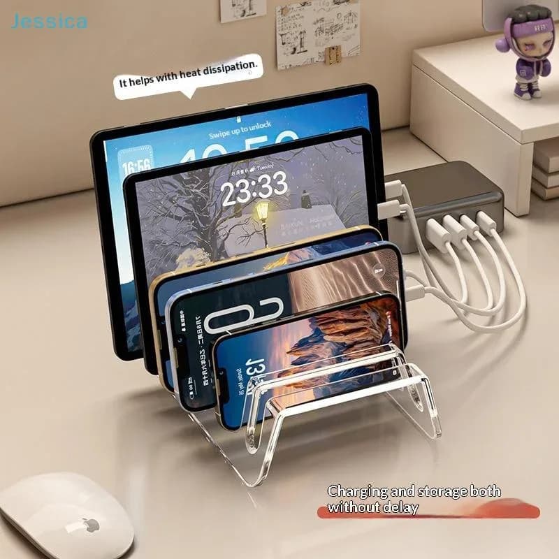 Support multi-emplacements en acrylique pour smartphones et tablettes - Organisateur de bureau slide 2