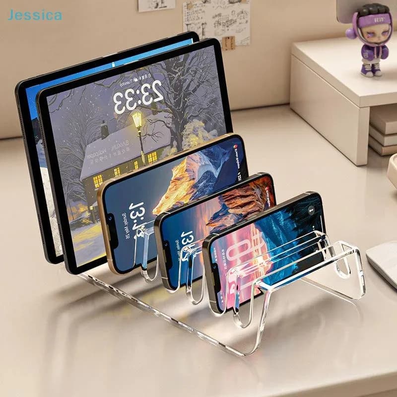 Support multi-emplacements en acrylique pour smartphones et tablettes - Organisateur de bureau slide 3
