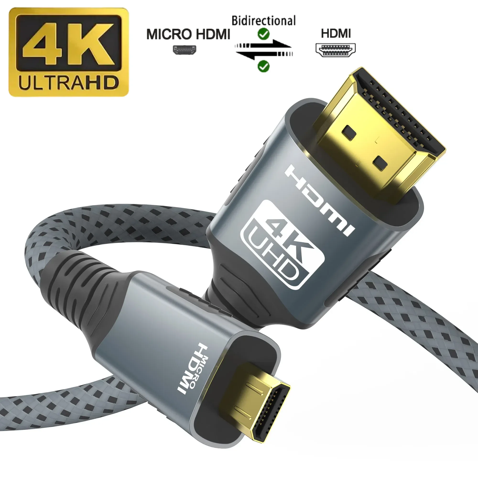 Câble Micro/Mini HDMI vers HDMI 2.0 - 4K@60Hz - 18 Gbps - HDR ARC - Pour Appareil Photo, Moniteur et Projecteur