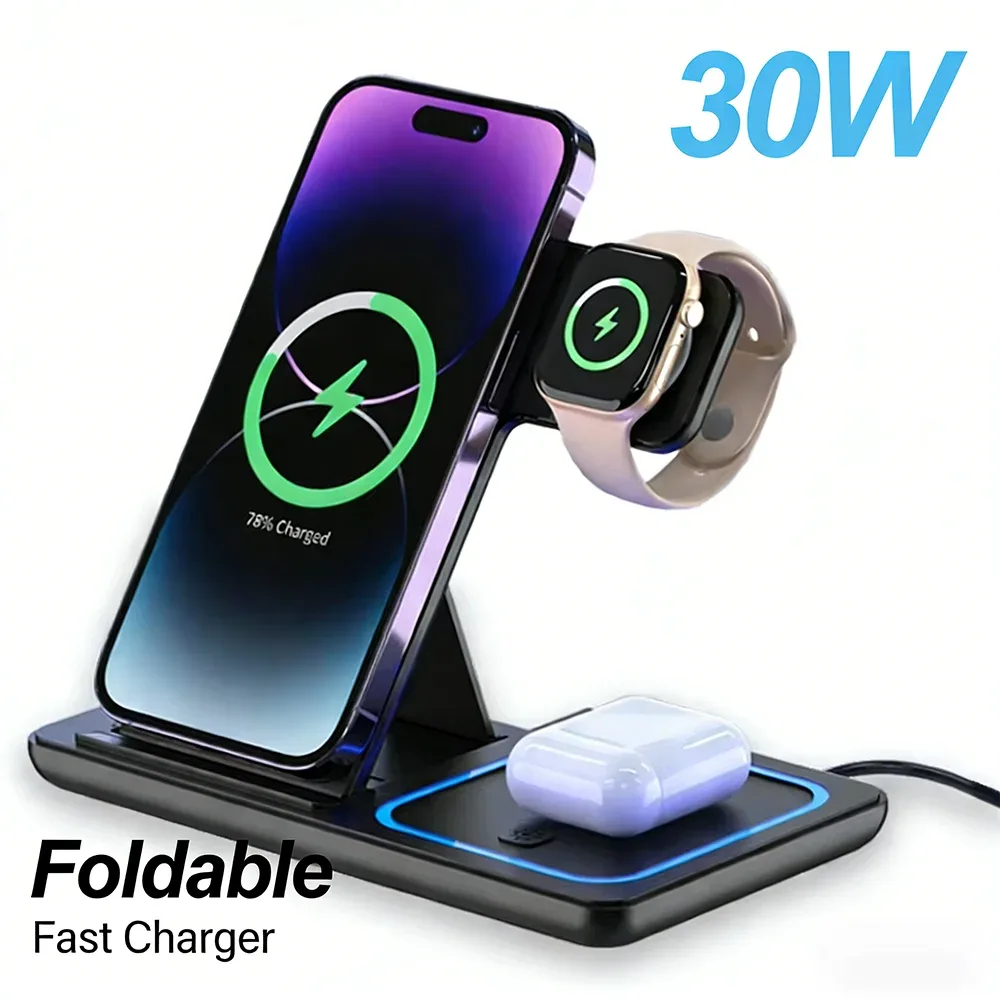 Station de charge sans fil pliable 3-en-1 30W pour iPhone, Apple Watch et AirPods - Image 1