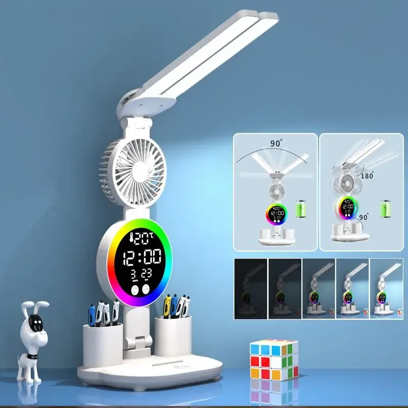 Lampe de bureau LED rechargeable avec ventilateur et horloge intégrés - Image 1