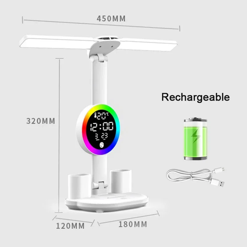Lampe de bureau LED rechargeable avec ventilateur et horloge intégrés slide 8