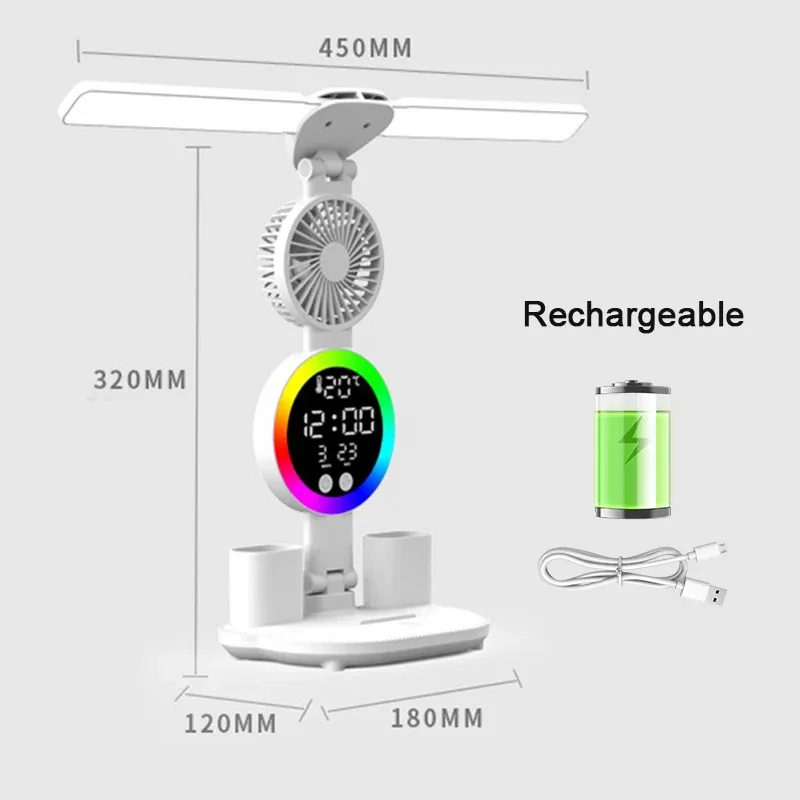 Lampe de bureau LED rechargeable avec ventilateur et horloge intégrés slide 9