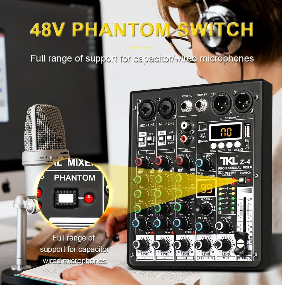 Table de mixage TKL 4 canaux avec 99 effets DSP, Bluetooth, USB et alimentation fantôme 48V - Image 2