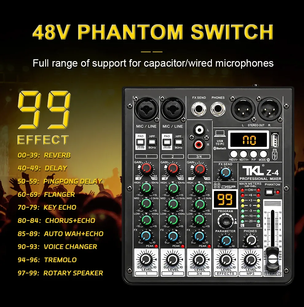 Table de mixage TKL 4 canaux avec 99 effets DSP, Bluetooth, USB et alimentation fantôme 48V - Image 4