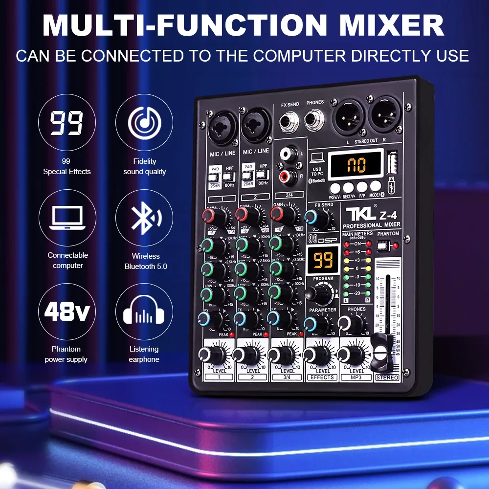 Table de mixage TKL 4 canaux avec 99 effets DSP, Bluetooth, USB et alimentation fantôme 48V - Image 1