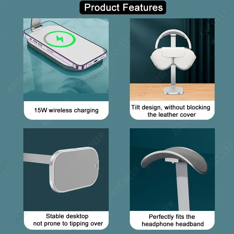 Support de casque universel en aluminium avec chargeur sans fil - Image 3