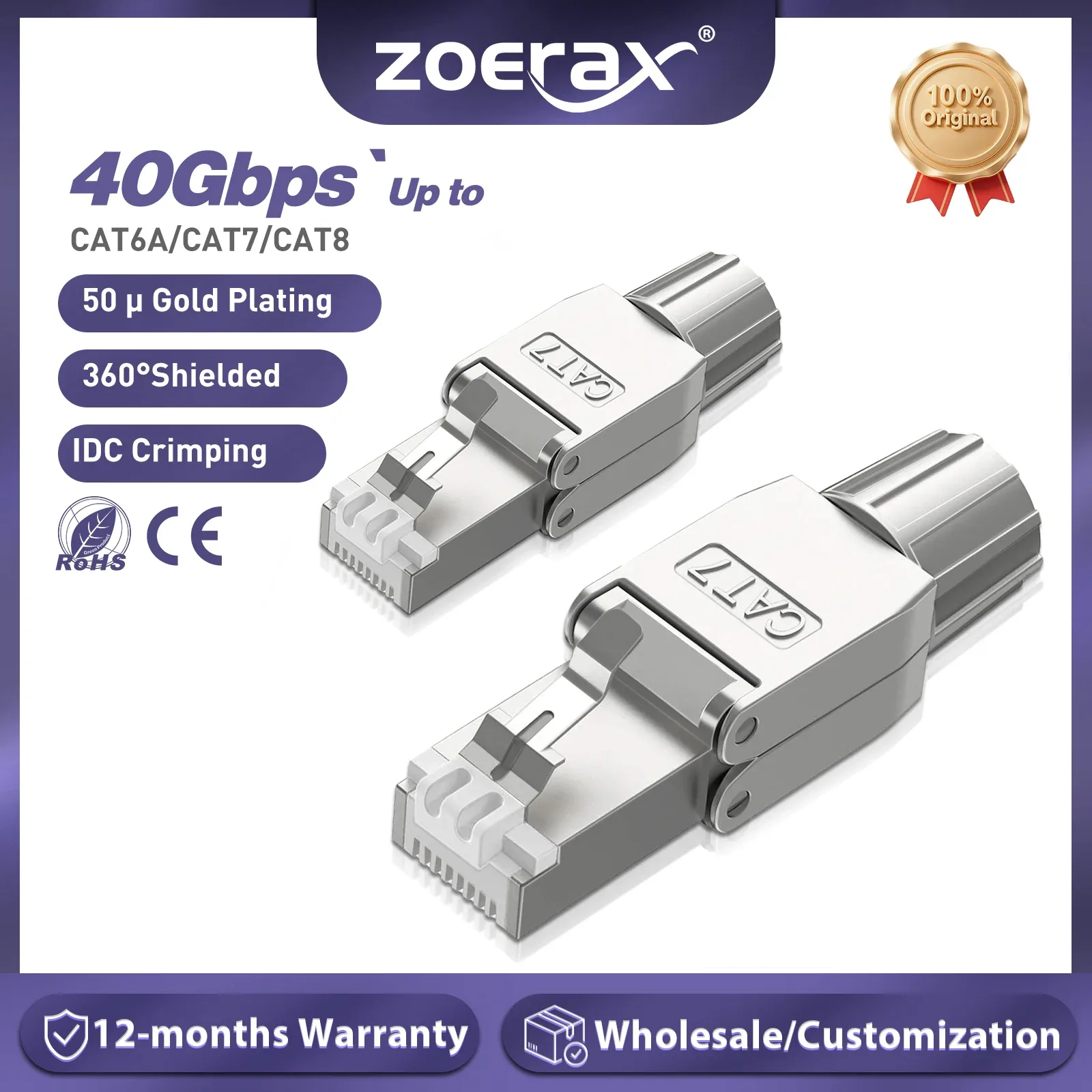 Connecteur RJ45 ZoeRax Cat8/Cat7/Cat6A, Prise de Terminaison Métallique sans Outil (22-24 AWG) - Image 1