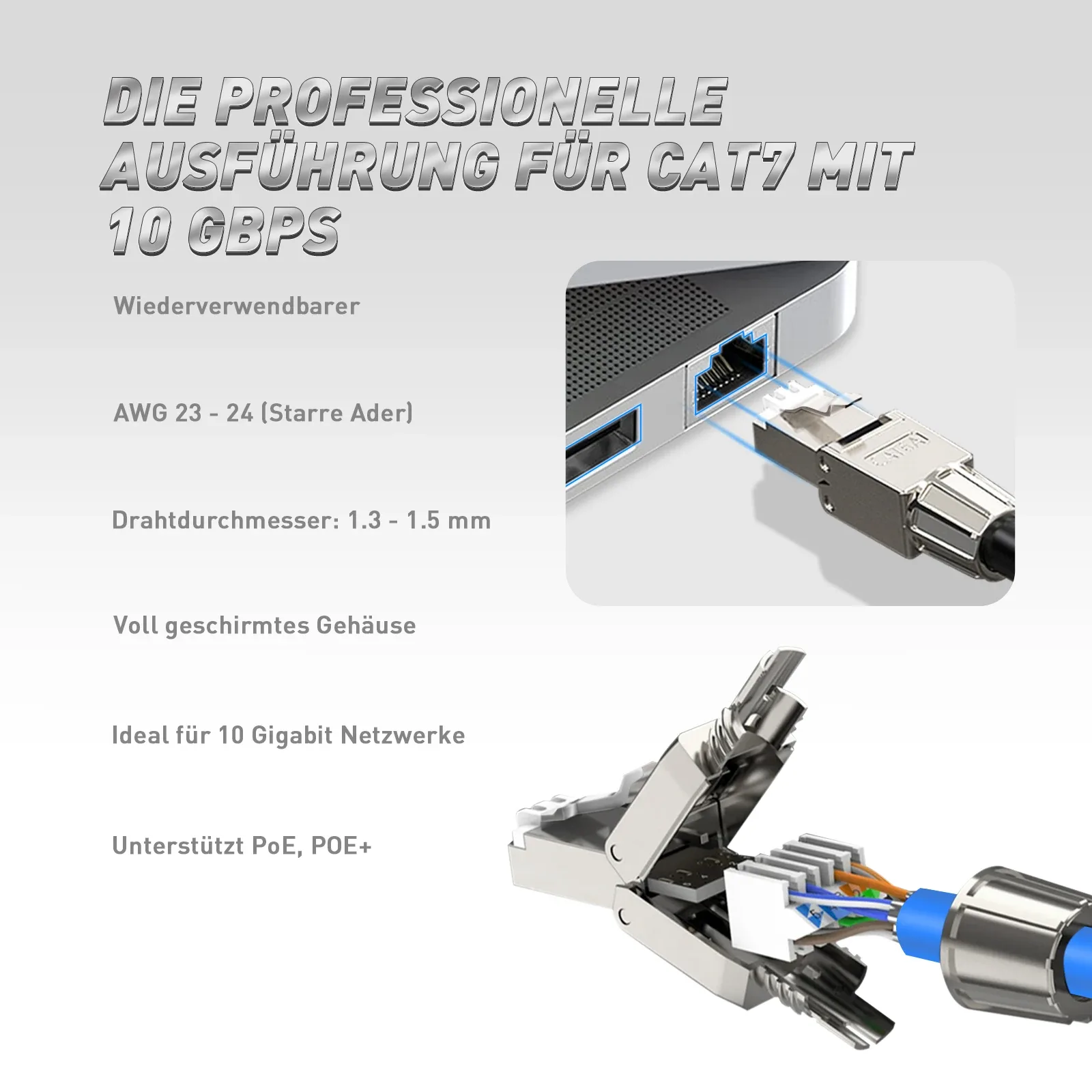 Connecteur RJ45 ZoeRax Cat8/Cat7/Cat6A, Prise de Terminaison Métallique sans Outil (22-24 AWG) - Image 4