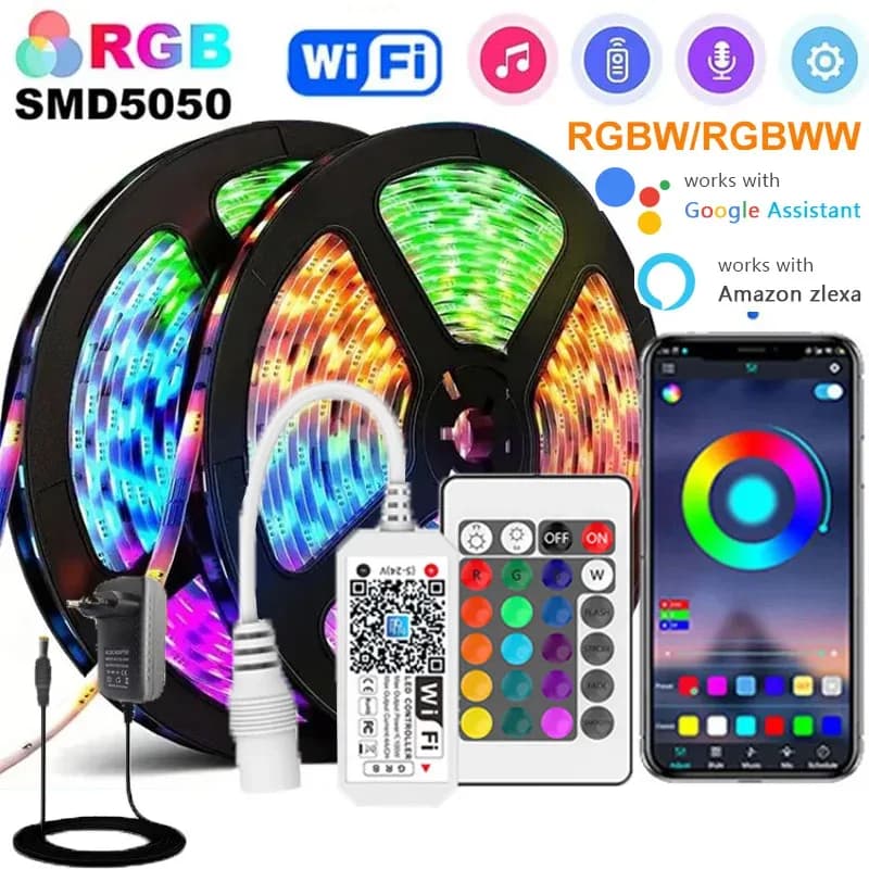 Ruban LED RGBWW Wi-Fi 5050 avec contrôle via application, compatible Alexa et Google Home - Image 1