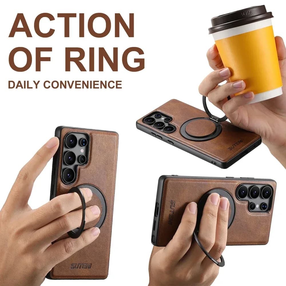 Coque en cuir avec anneau de support compatible MagSafe pour Samsung Galaxy S22/S23/S24/S25 Ultra - Image 3