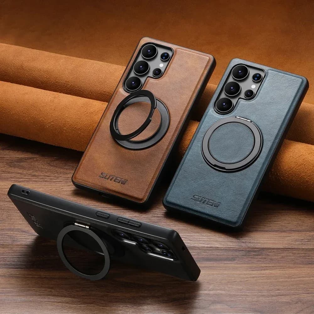 Coque en cuir avec anneau de support compatible MagSafe pour Samsung Galaxy S22/S23/S24/S25 Ultra - Image 5