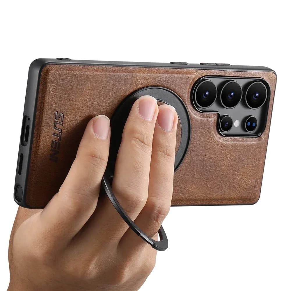 Coque en cuir avec anneau de support compatible MagSafe pour Samsung Galaxy S22/S23/S24/S25 Ultra - Image 6