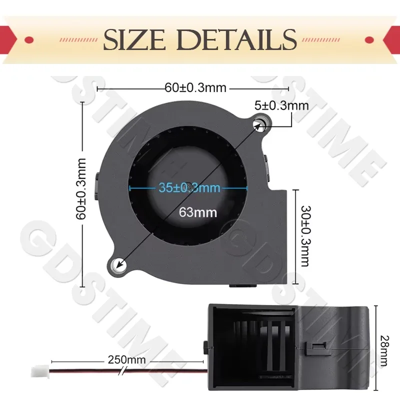 Ventilateur Soufflant Centrifuge Gdstime 6028 (60x28mm), DC 12V/24V, Double Roulement à Billes, 2 Broches slide 5