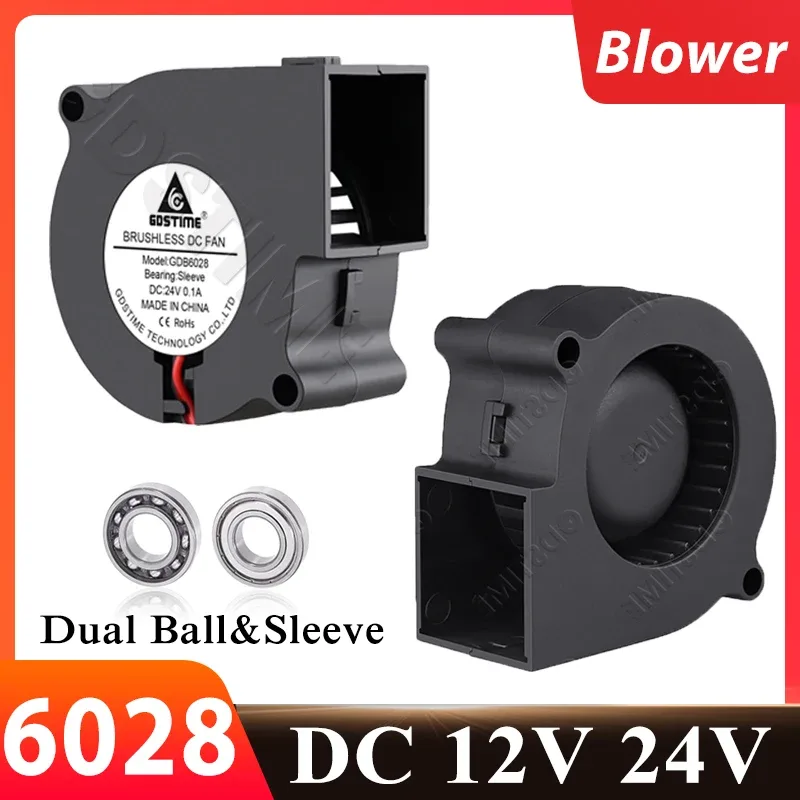Ventilateur Soufflant Centrifuge Gdstime 6028 (60x28mm), DC 12V/24V, Double Roulement à Billes, 2 Broches