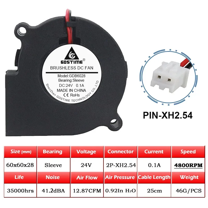Ventilateur Soufflant Centrifuge Gdstime 6028 (60x28mm), DC 12V/24V, Double Roulement à Billes, 2 Broches slide 10