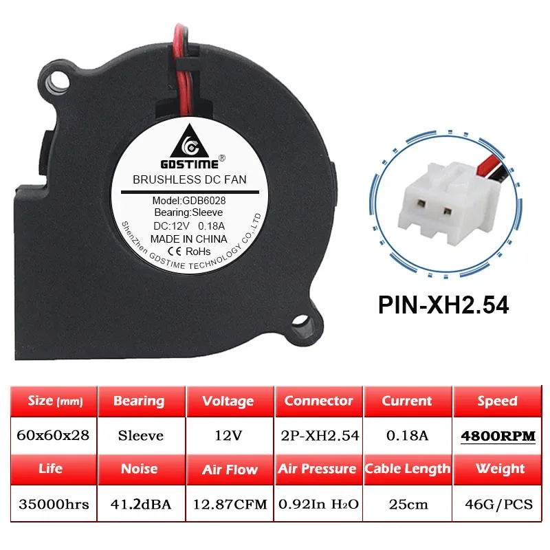 Ventilateur Soufflant Centrifuge Gdstime 6028 (60x28mm), DC 12V/24V, Double Roulement à Billes, 2 Broches slide 7