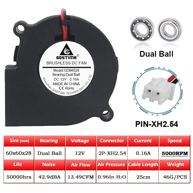 Ventilateur Soufflant Centrifuge Gdstime 6028 (60x28mm), DC 12V/24V, Double Roulement à Billes, 2 Broches slide 8