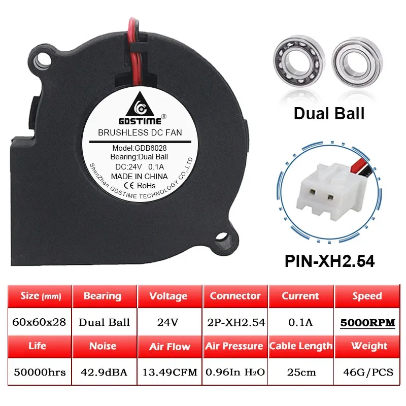Ventilateur Soufflant Centrifuge Gdstime 6028 (60x28mm), DC 12V/24V, Double Roulement à Billes, 2 Broches slide 9