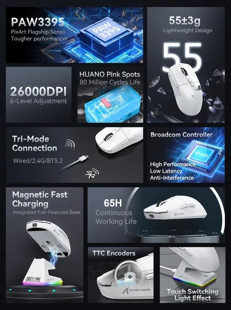 Attack Shark X6 - Souris de jeu sans fil ultralégère, 26 000 DPI avec station de charge RGB - Image 3