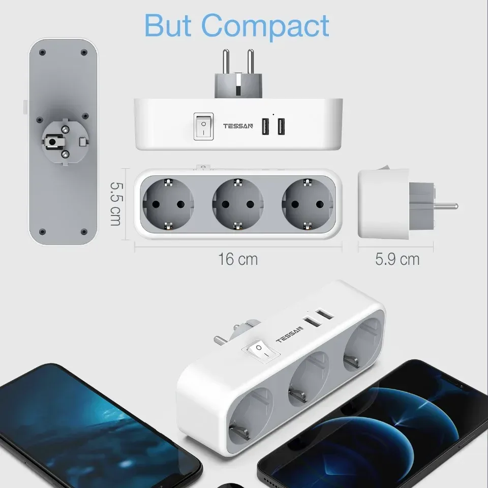 TESSAN Adaptateur multiprise avec interrupteur, 3 prises CA et 2 ports USB - Protection contre les surcharges - Image 6