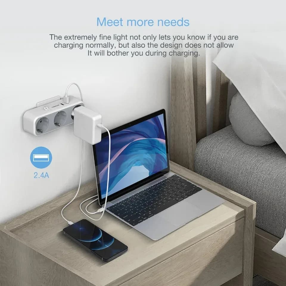 TESSAN Adaptateur multiprise avec interrupteur, 3 prises CA et 2 ports USB - Protection contre les surcharges - Image 3