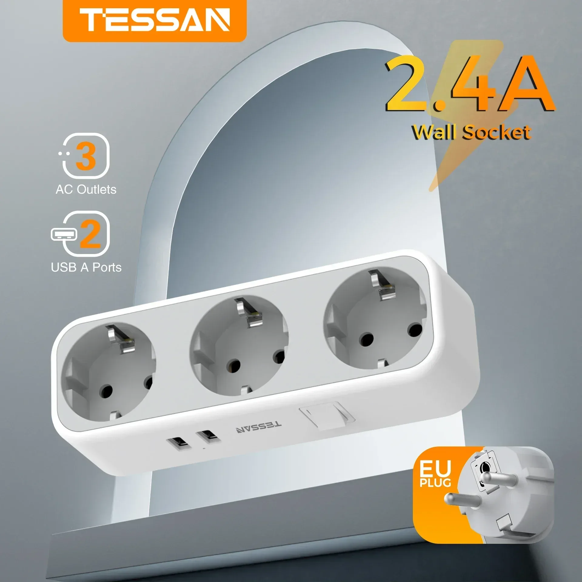 TESSAN Adaptateur multiprise avec interrupteur, 3 prises CA et 2 ports USB - Protection contre les surcharges - Image 1