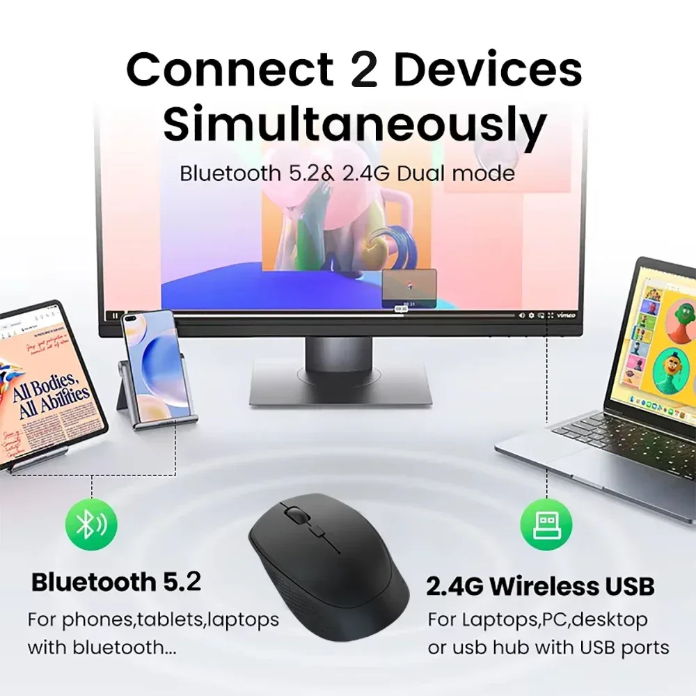 Souris sans fil rechargeable double mode Bluetooth 5.2 et 2.4G - Silencieuse - 1600 DPI - Image 3