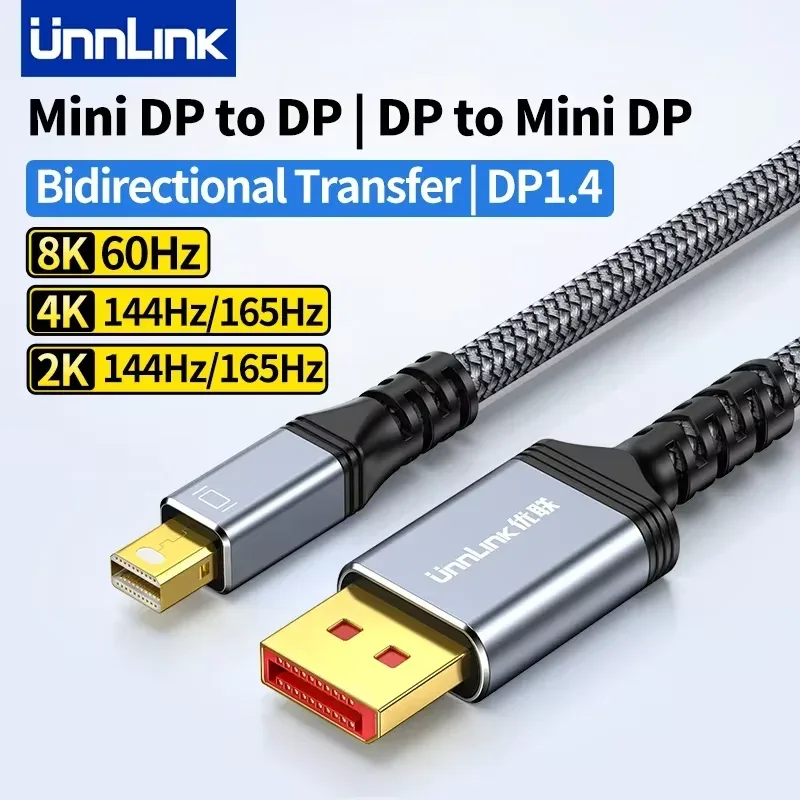 Unnlink Câble Mini DisplayPort vers DisplayPort 1.4 Bidirectionnel 8K 60Hz / 4K 144Hz - Compatible Thunderbolt 2, MacBook Air, Surface - Image 1
