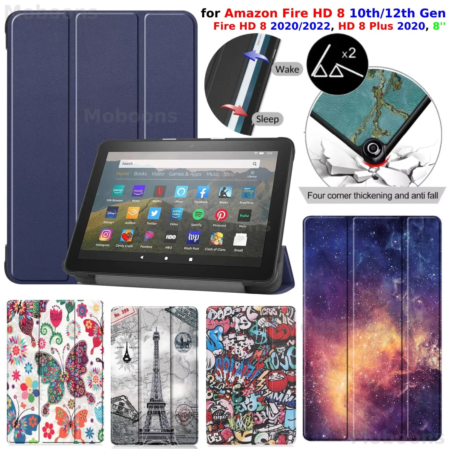 Étui en cuir PU pour Amazon Fire HD 8 et HD 8 Plus (10e et 12e générations, 2020/2022) avec support et fonction veille/réveil automatique