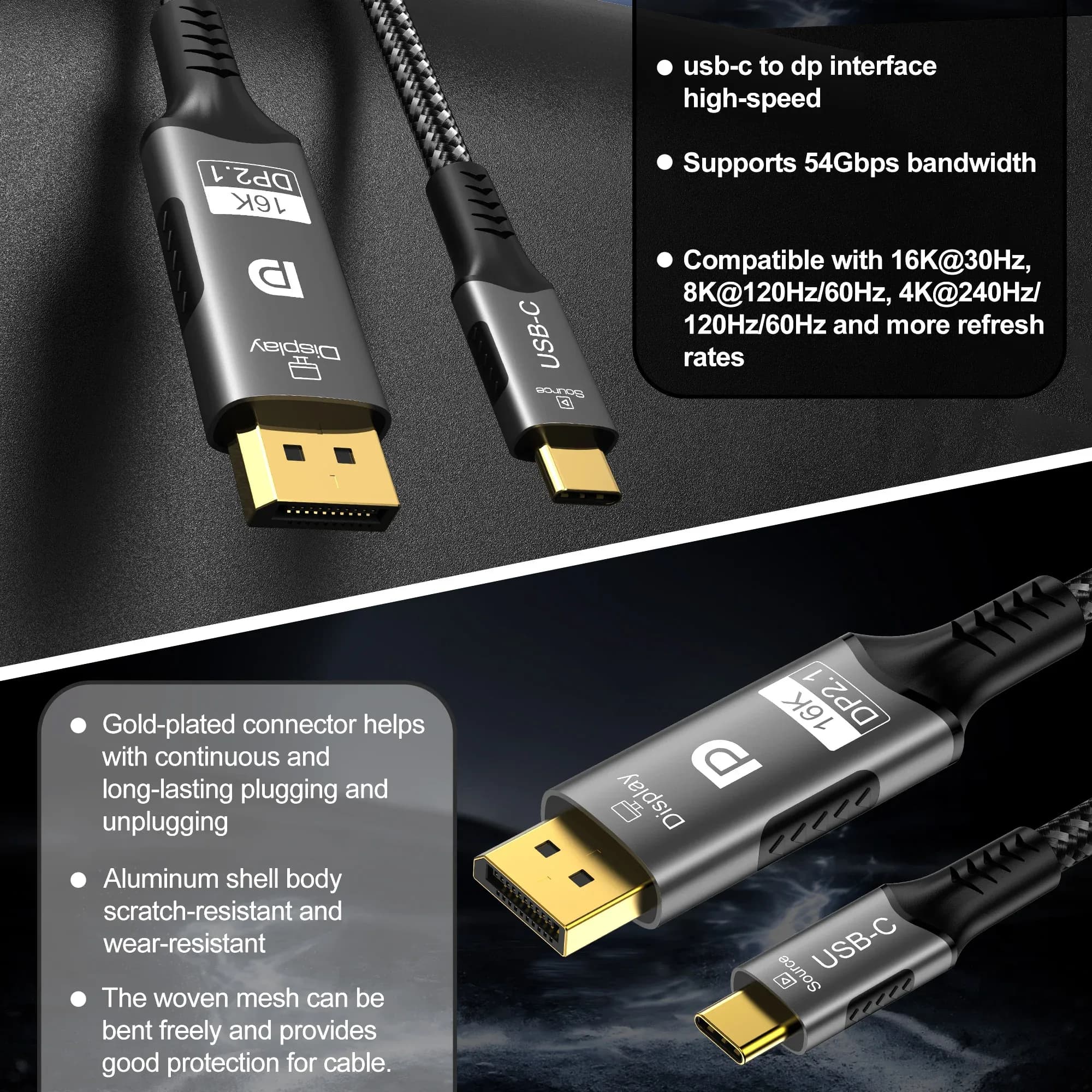 Câble USB-C vers DisplayPort 2.1 - 16K @ 30Hz / 8K @ 60Hz - 54 Gbps - Compatible Thunderbolt 4/3 - Image 3