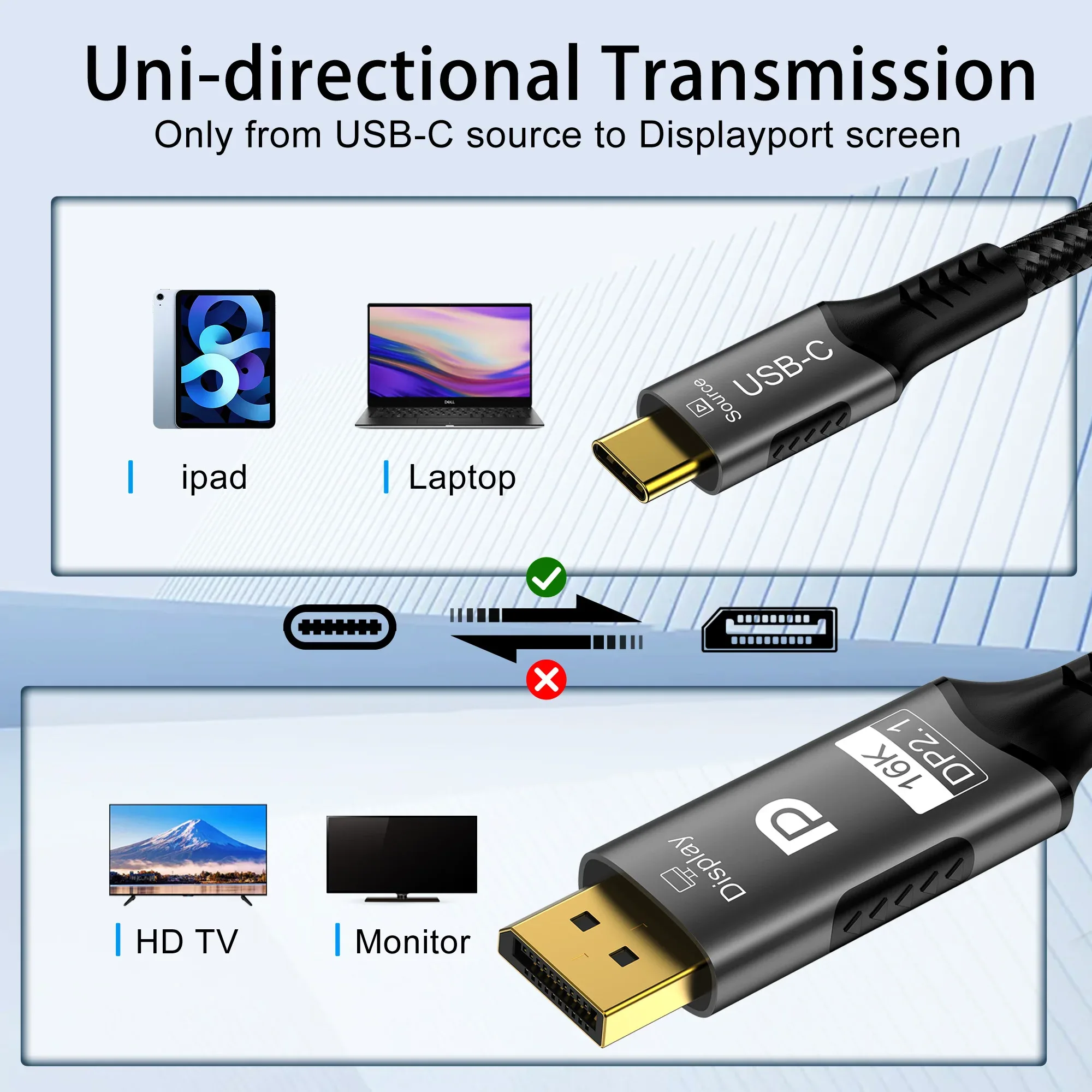 Câble USB-C vers DisplayPort 2.1 - 16K @ 30Hz / 8K @ 60Hz - 54 Gbps - Compatible Thunderbolt 4/3 - Image 2