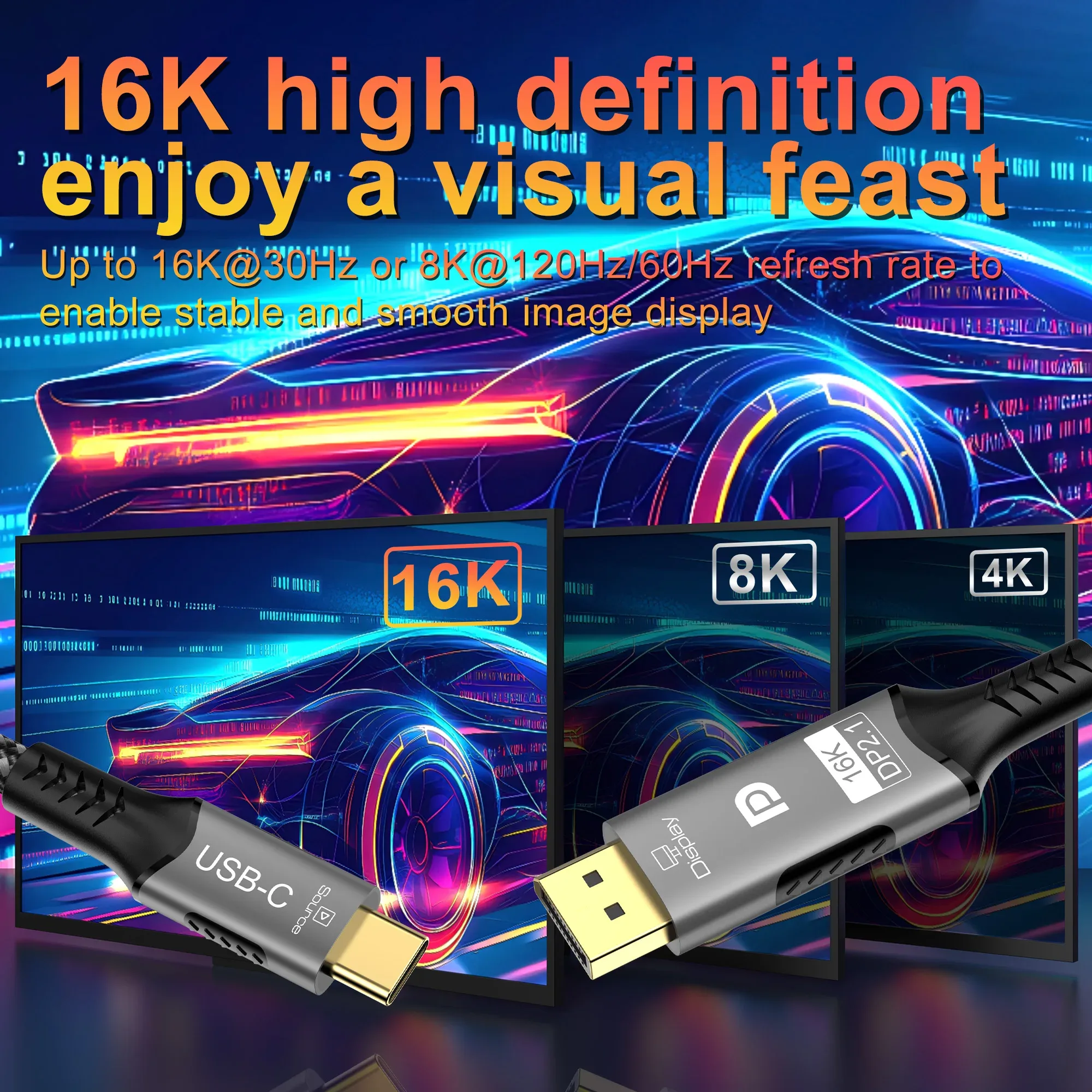 Câble USB-C vers DisplayPort 2.1 - 16K @ 30Hz / 8K @ 60Hz - 54 Gbps - Compatible Thunderbolt 4/3 - Image 4