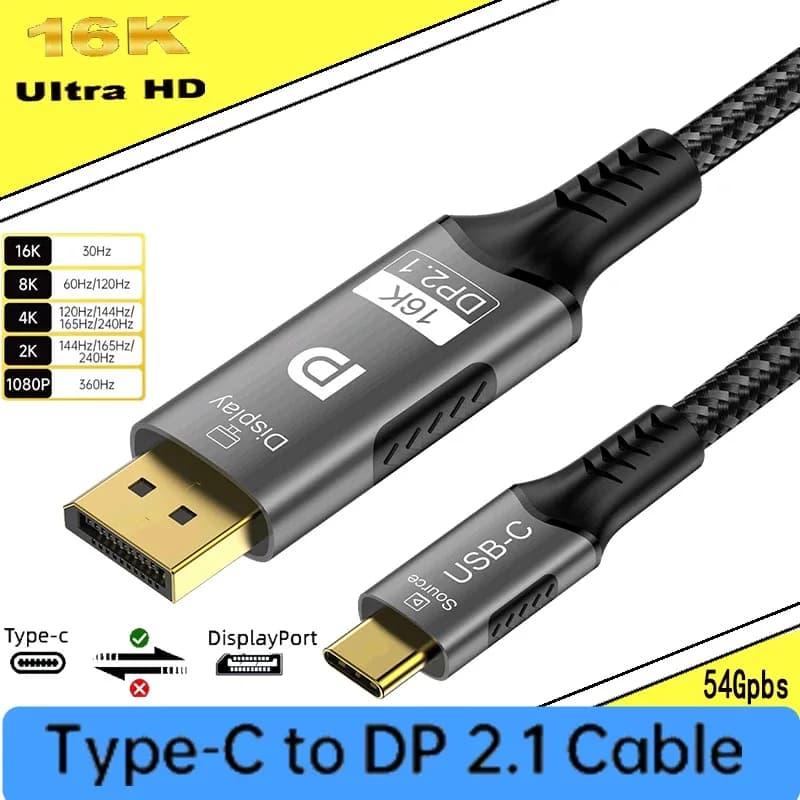 Câble USB-C vers DisplayPort 2.1 - 16K @ 30Hz / 8K @ 60Hz - 54 Gbps - Compatible Thunderbolt 4/3 - Image 1