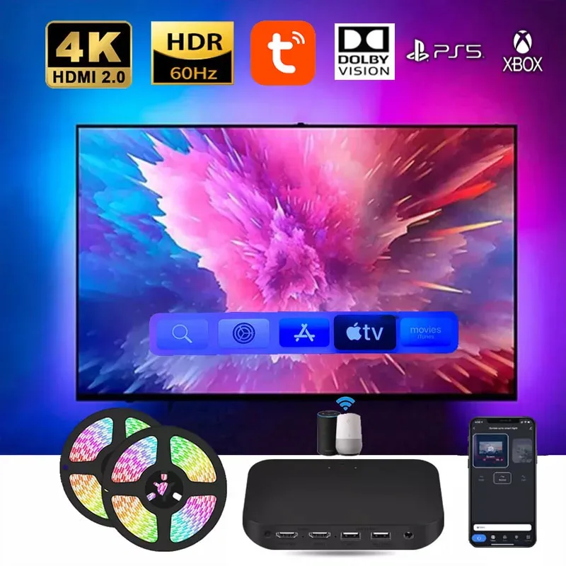 Kit de Rétroéclairage LED Ambiant pour TV 4K avec Boîtier de Synchronisation HDMI 2.0/2.1, WiFi, Compatible Alexa et Google Assistant