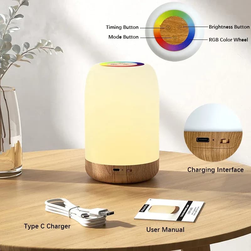 Lampe de table tactile LED effet bois, veilleuse RGB rechargeable avec minuterie slide 5