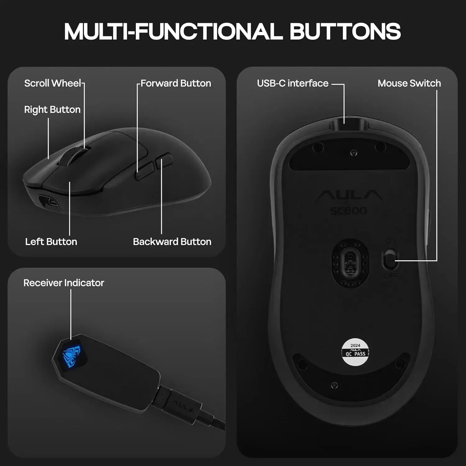 AULA SC800 - Souris Gaming Ultra-légère 37g, Capteur PAW3395, 8K Hz, Filaire et Sans Fil 2.4G - Image 5