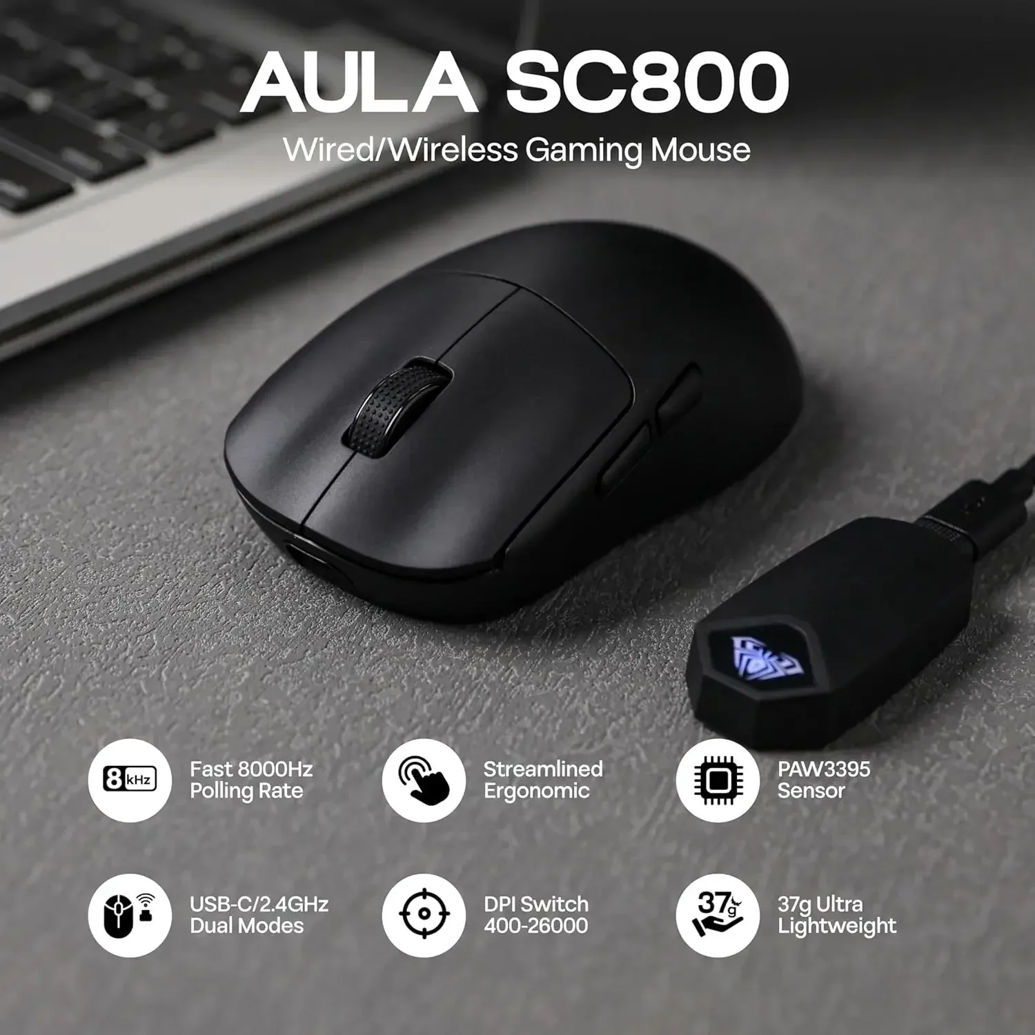 AULA SC800 - Souris Gaming Ultra-légère 37g, Capteur PAW3395, 8K Hz, Filaire et Sans Fil 2.4G - Image 1