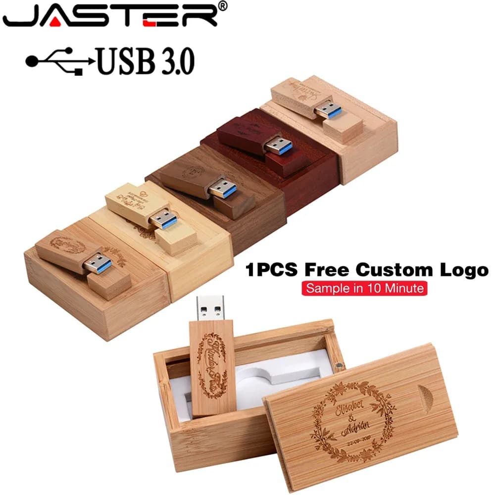 Clé USB 3.0 en bois de noyer avec coffret cadeau, 128 Go, logo personnalisé sans frais