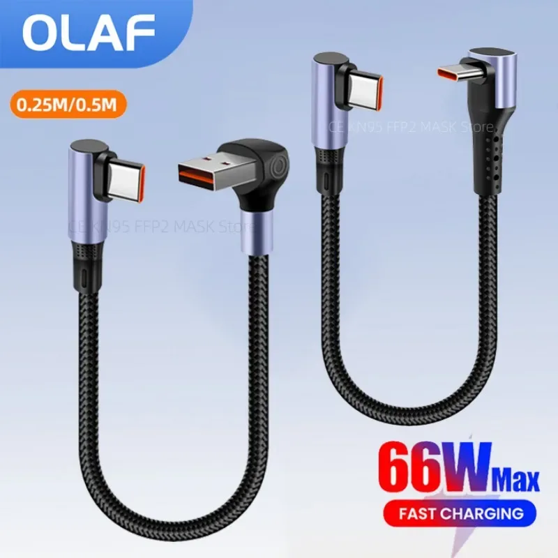 Câble de charge rapide USB-A/USB-C vers USB-C coudé à 90° - 66W - Image 1