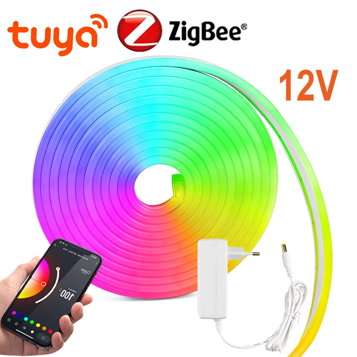 Ruban LED Néon RGB 12V - Contrôleur Zigbee 3.0 & WiFi - Compatible Tuya - 1m à 5m