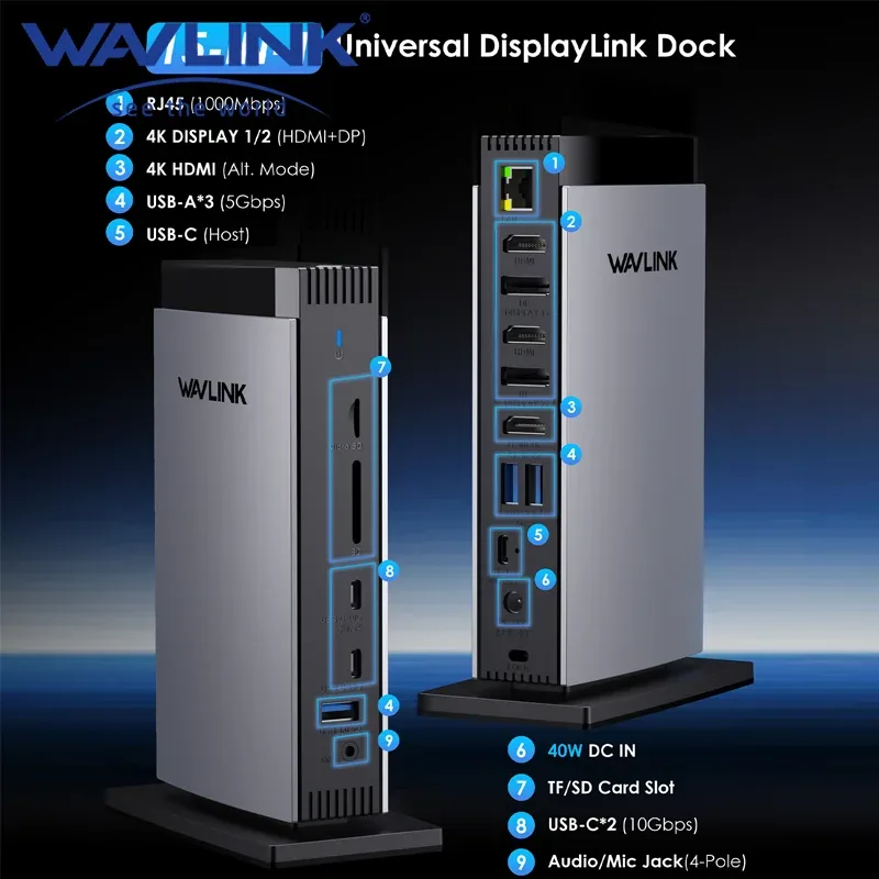 WAVLINK Station d'accueil universelle DisplayLink Triple 4K, USB-C & USB 3.0 pour Mac (M1/M2/M3) et Windows - Ne charge pas l'ordinateur portable