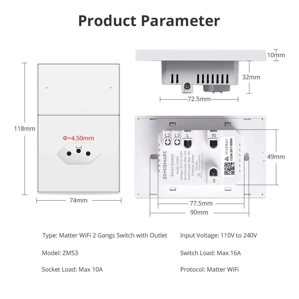 Prise murale brésilienne et interrupteur 2 gangs Wi-Fi Zemismart (10A) - Compatible HomeKit, Google Home et Tuya slide 6
