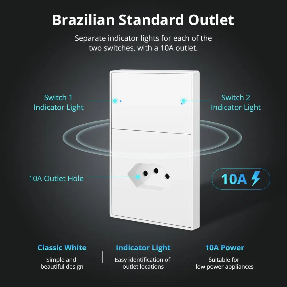 Prise murale brésilienne et interrupteur 2 gangs Wi-Fi Zemismart (10A) - Compatible HomeKit, Google Home et Tuya slide 5