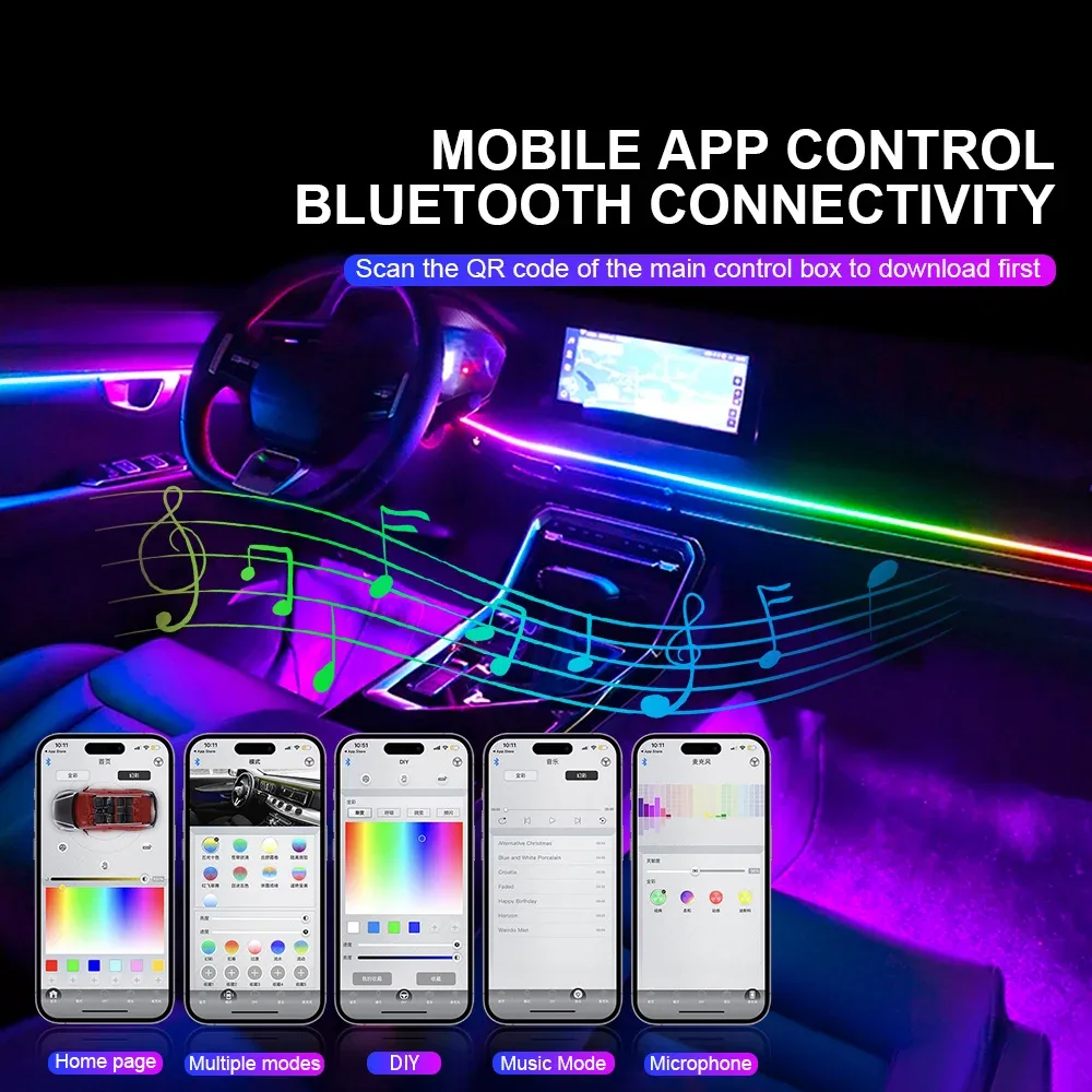 Kit d'éclairage d'ambiance LED RGB 18-en-1 pour voiture - Bandes acryliques 64 couleurs et double zone - Image 3